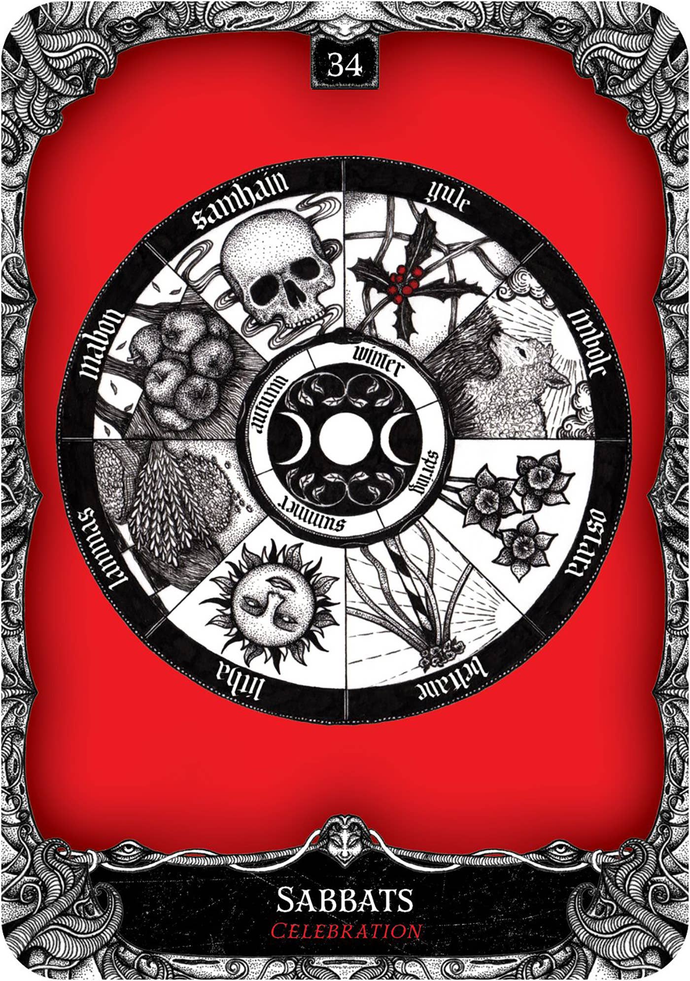 Card with a black and white wheel design on a red background, featuring symbols and text.