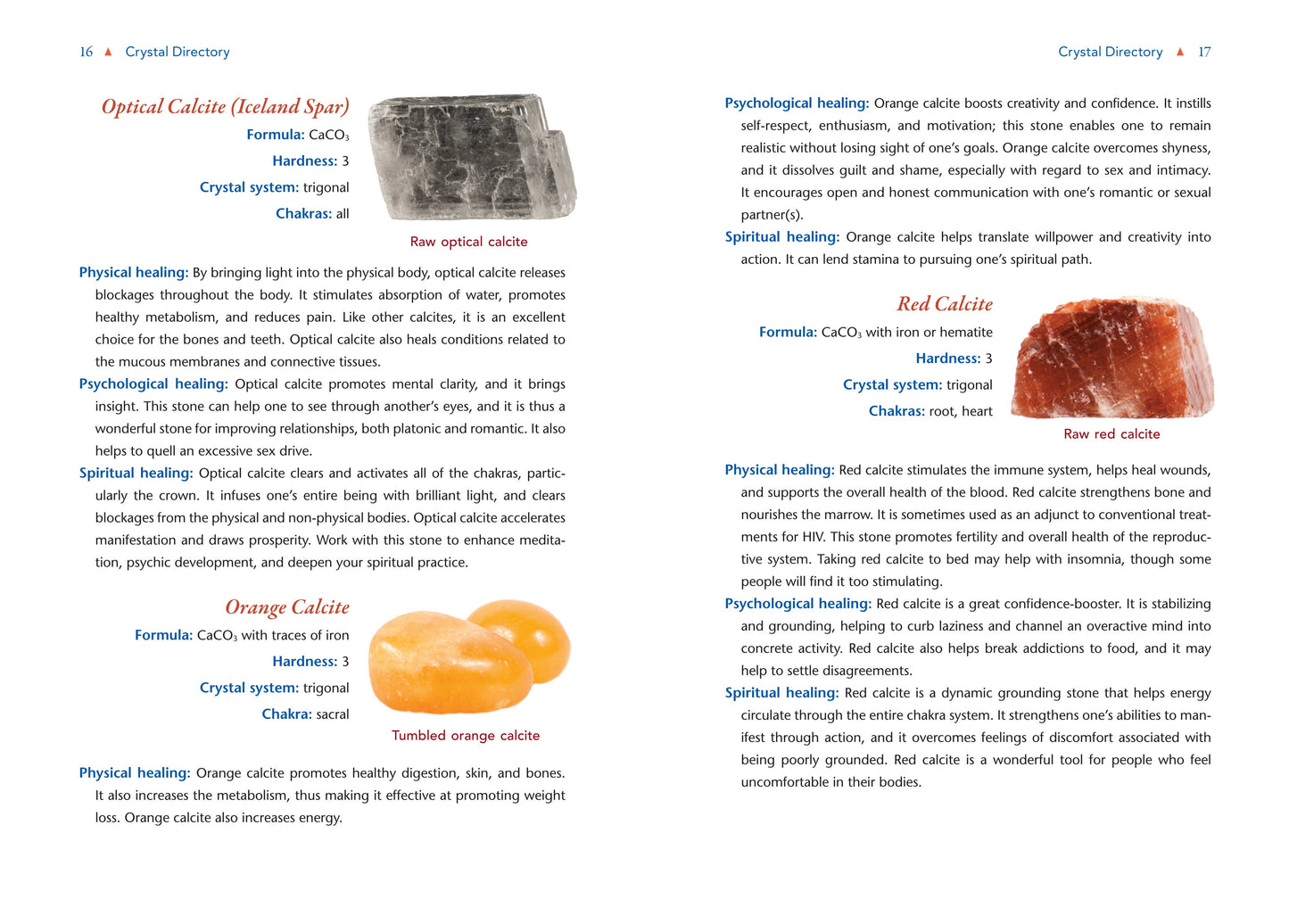 Page from a book or magazine about crystal properties, featuring images of orange calcite and red calcite with descriptive text.