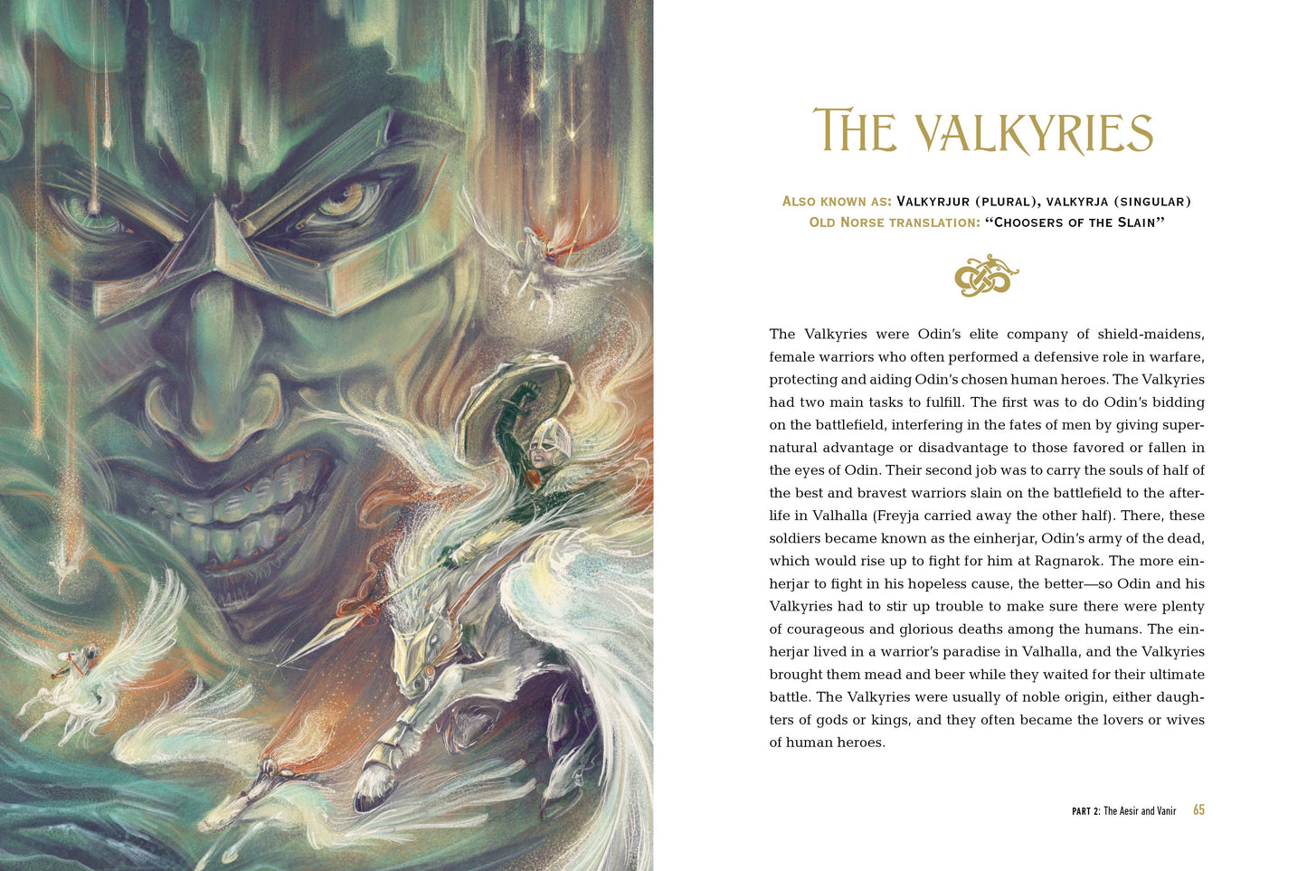 Illustration of a warrior with a Valkyrie and text about the Valkyries on a book page.