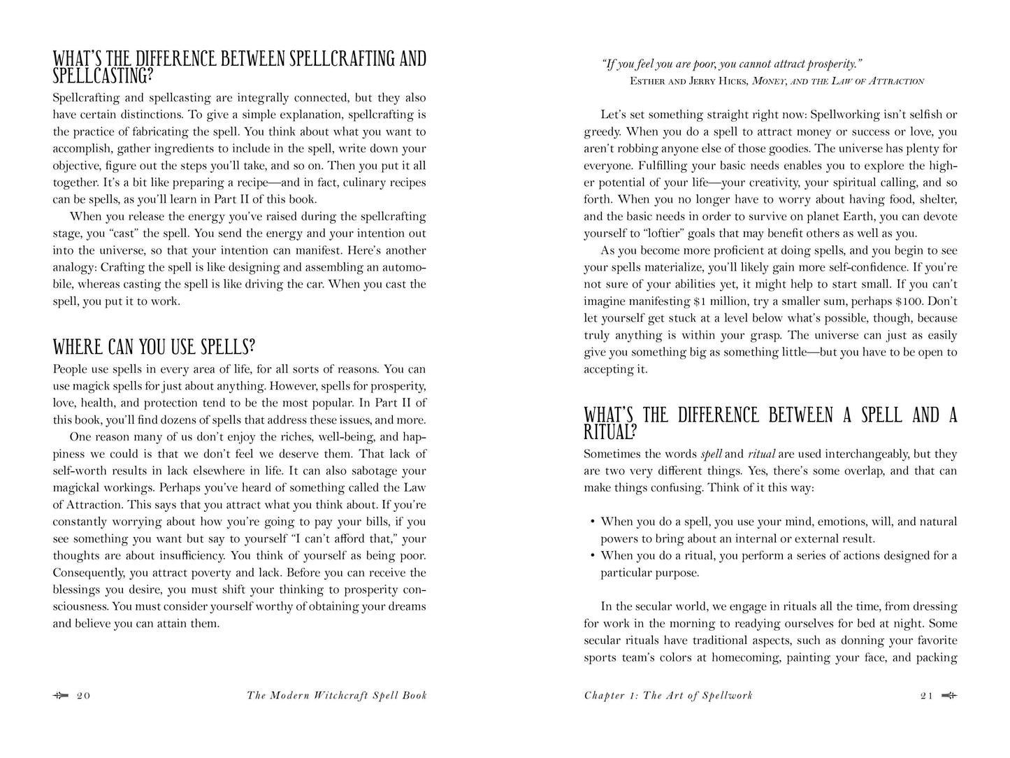 Page from a book titled 'The Modern Witchcraft Spell Book' discussing spells and spellcasting.