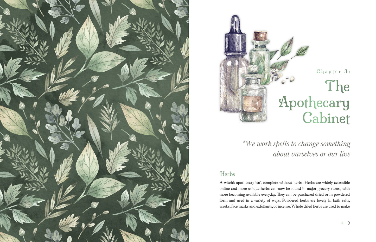 Page from a book with apothecary-themed design, including herbs and a bottle on a green leafy pattern.