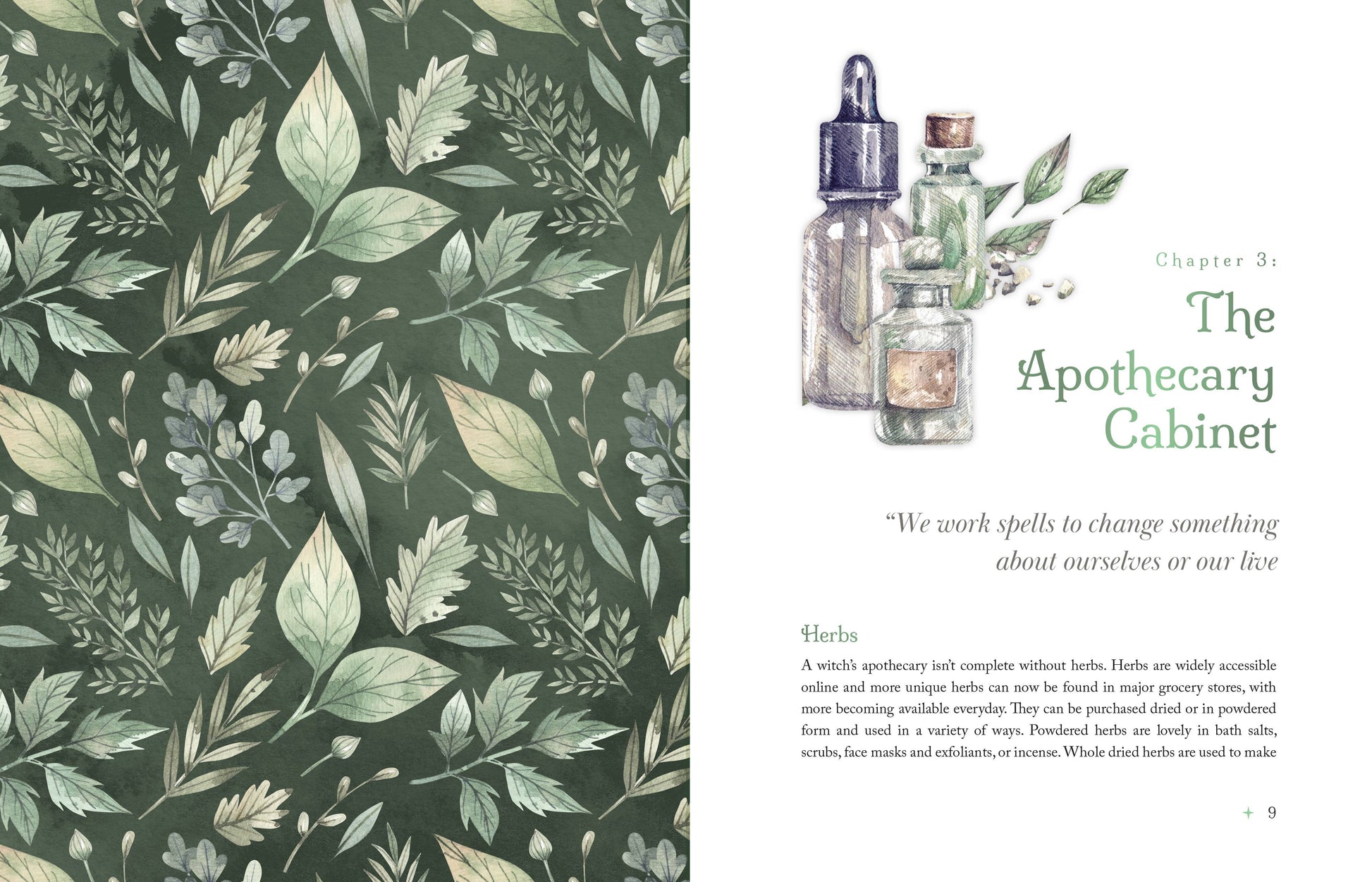 Page from a book with apothecary-themed design, including herbs and a bottle on a green leafy pattern.