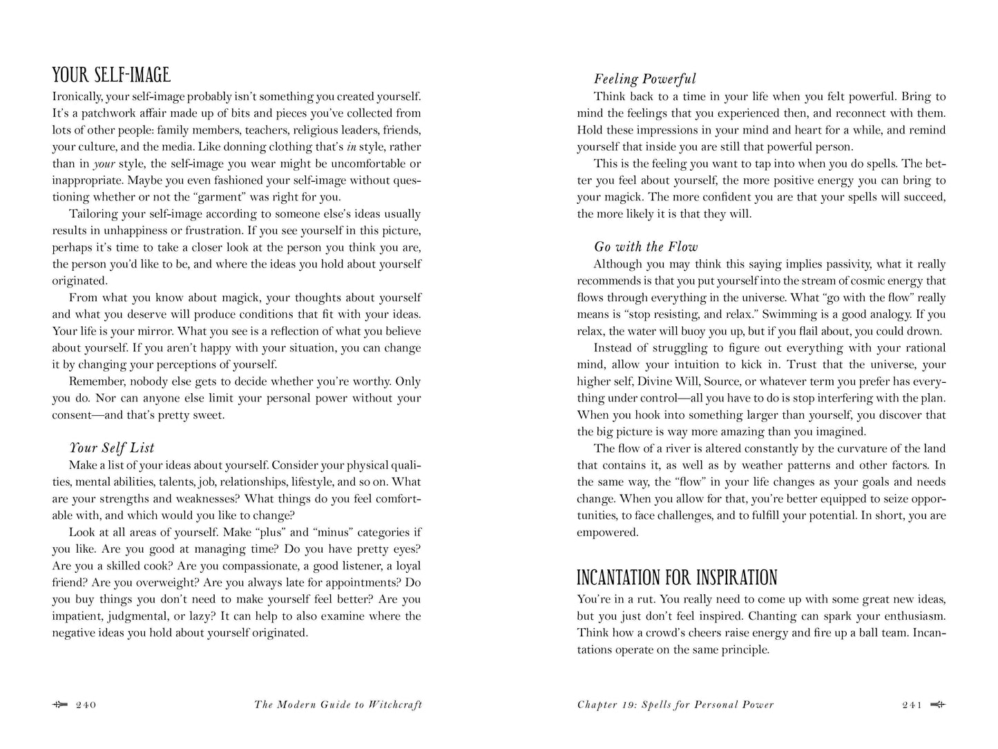 Page from a book titled 'The Modern Guide to Witchcraft' with text on self-image and personal growth.