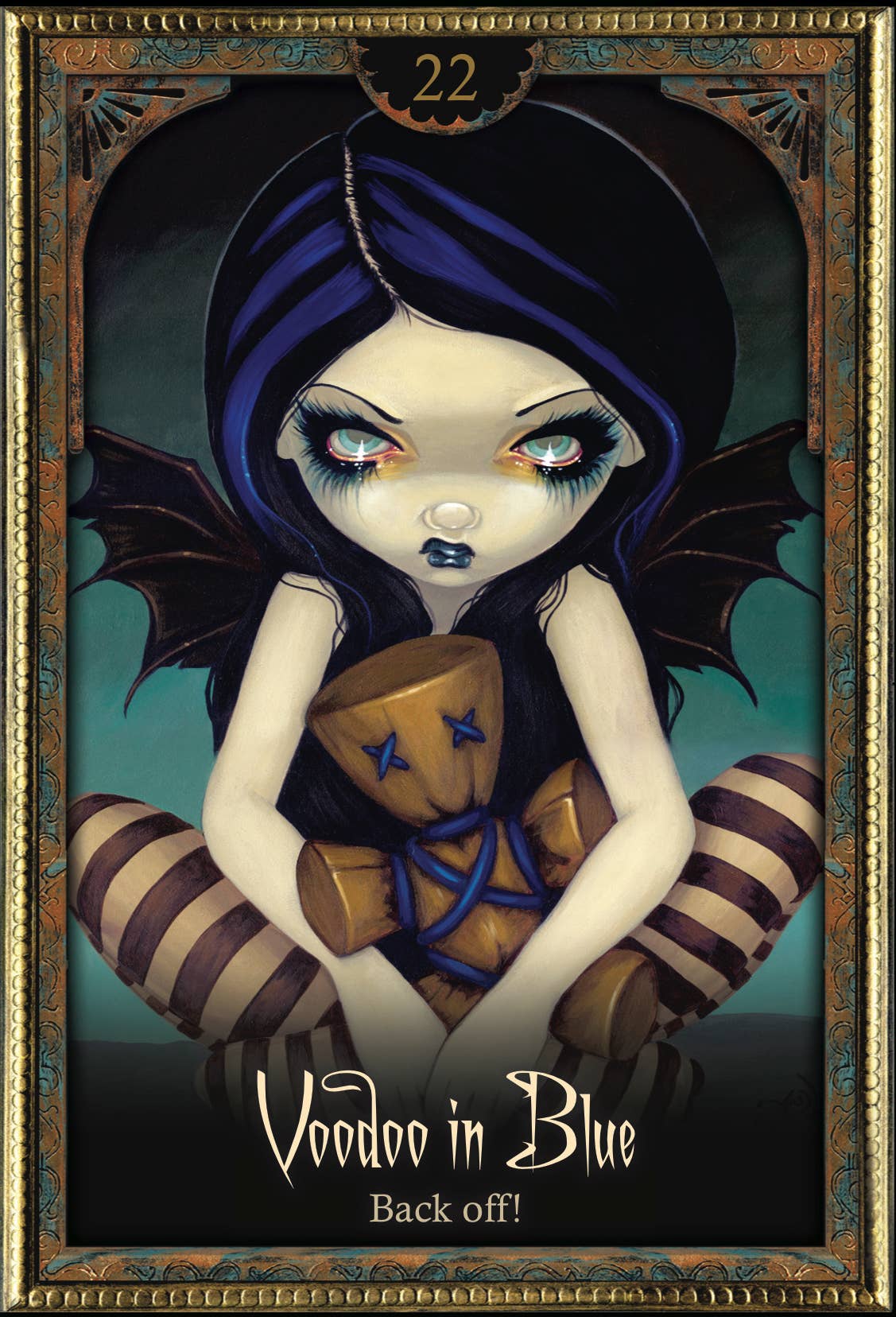 Illustration of a character with blue hair and striped sleeves, holding a wooden cup, framed as a tarot card titled 'Voodoo in Blue'.