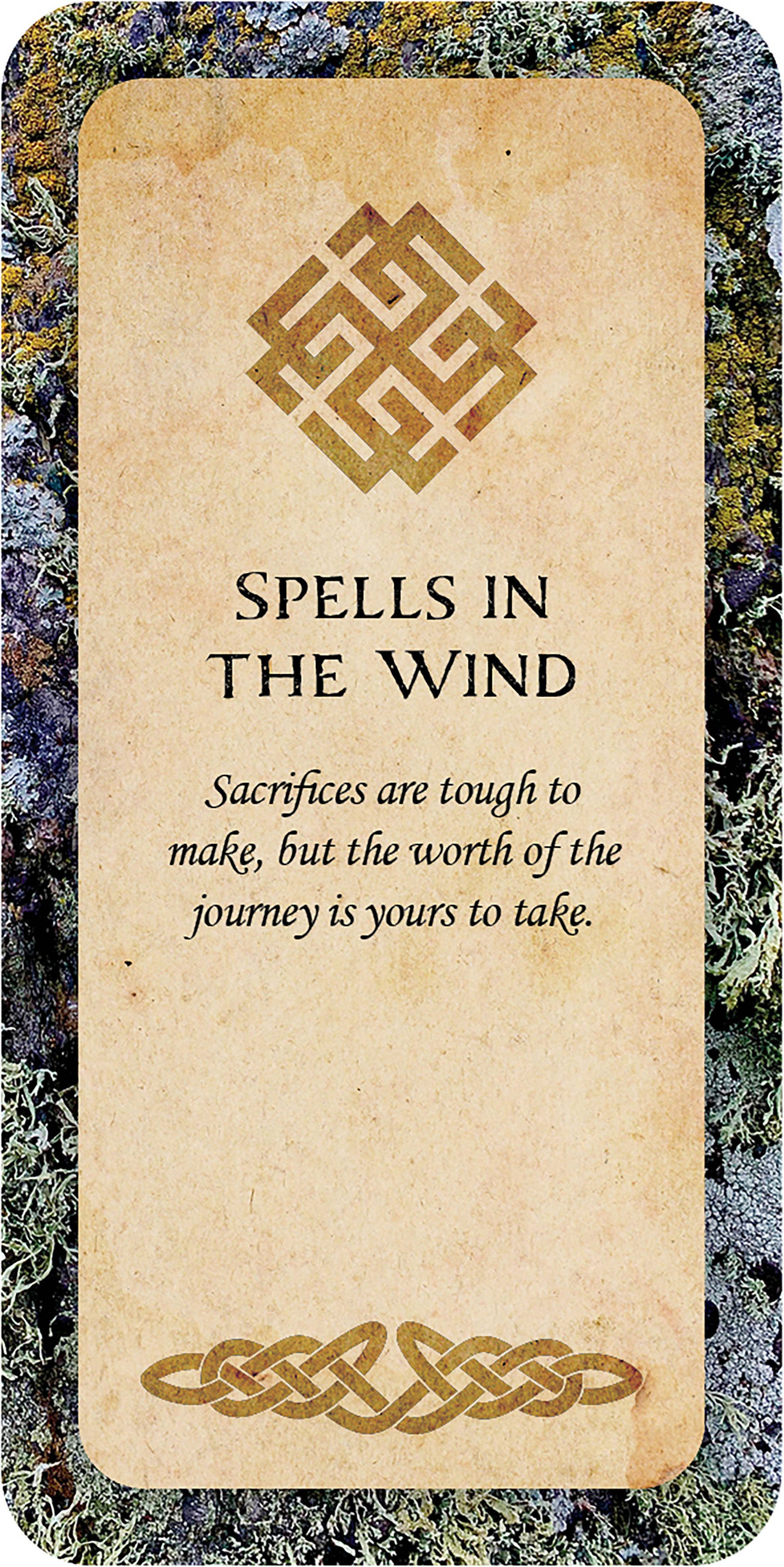 Card with text 'Spells in the Wind' and a decorative design on a textured background