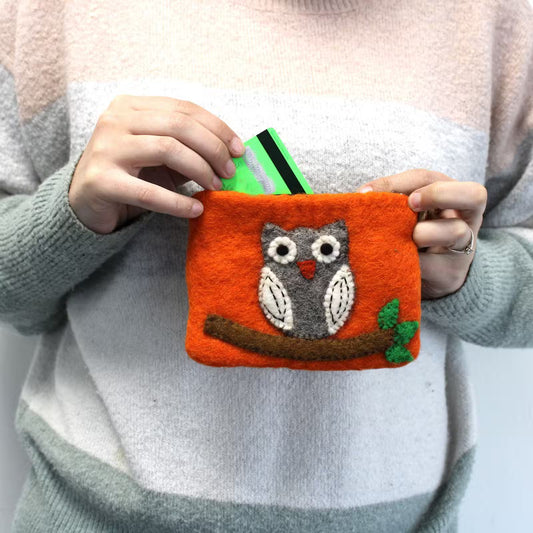 Natural Felt Zipper Pouch - Owl