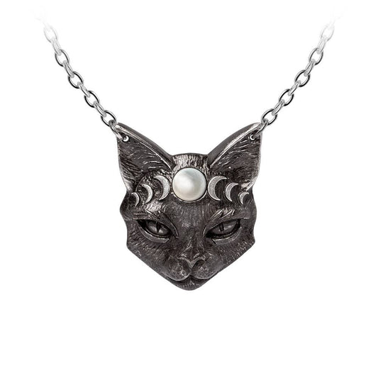Silver cat head necklace with moon phases and pearl on a white background