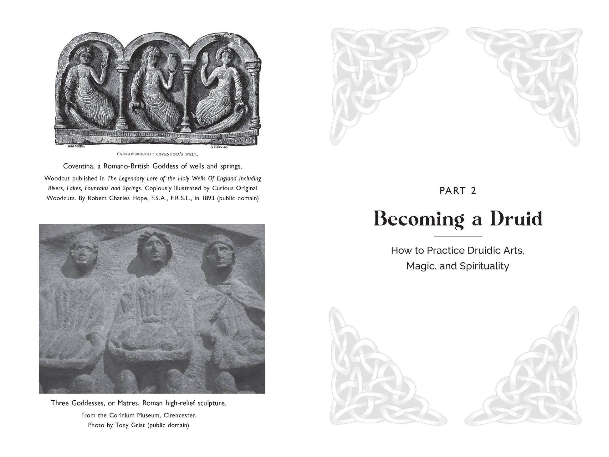 Page from a book or magazine about becoming a Druid, featuring images of deities and decorative elements.