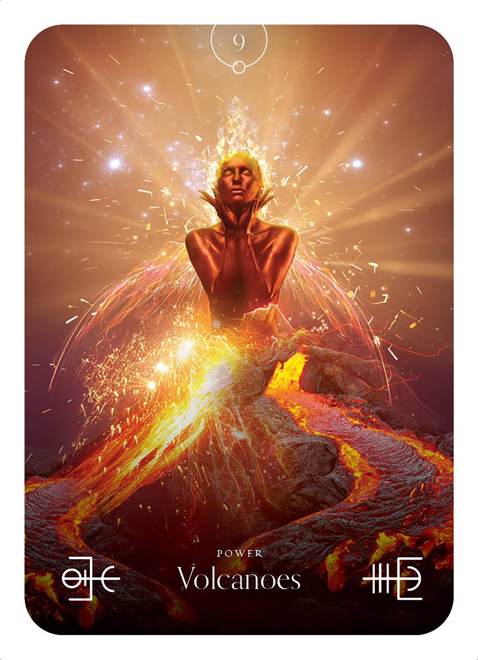 Artistic depiction of a person surrounded by fiery elements with 'Power Volcanoes' text.