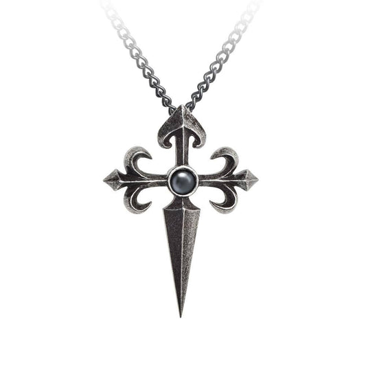 Silver cross-shaped pendant with a pointed bottom on a white background