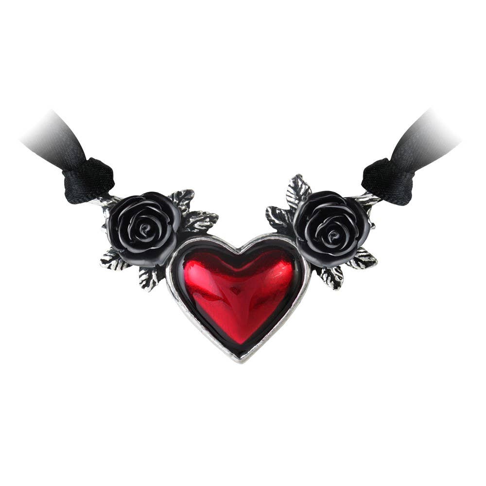 Necklace with a red heart and black roses on a white background