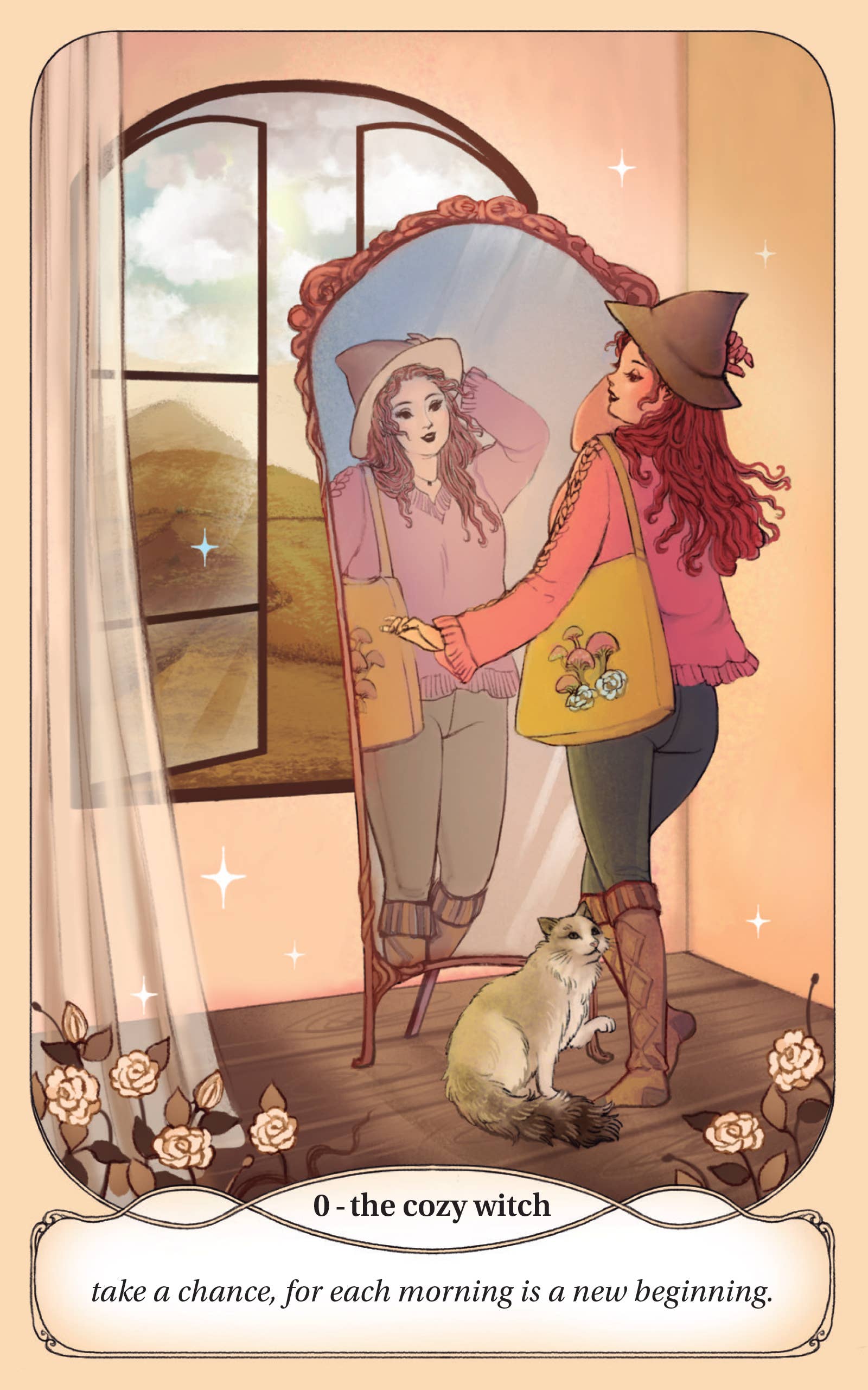 Illustration of a cozy witch character with a mirror and a cat, with text 'take a chance, for each morning is a new beginning.'.