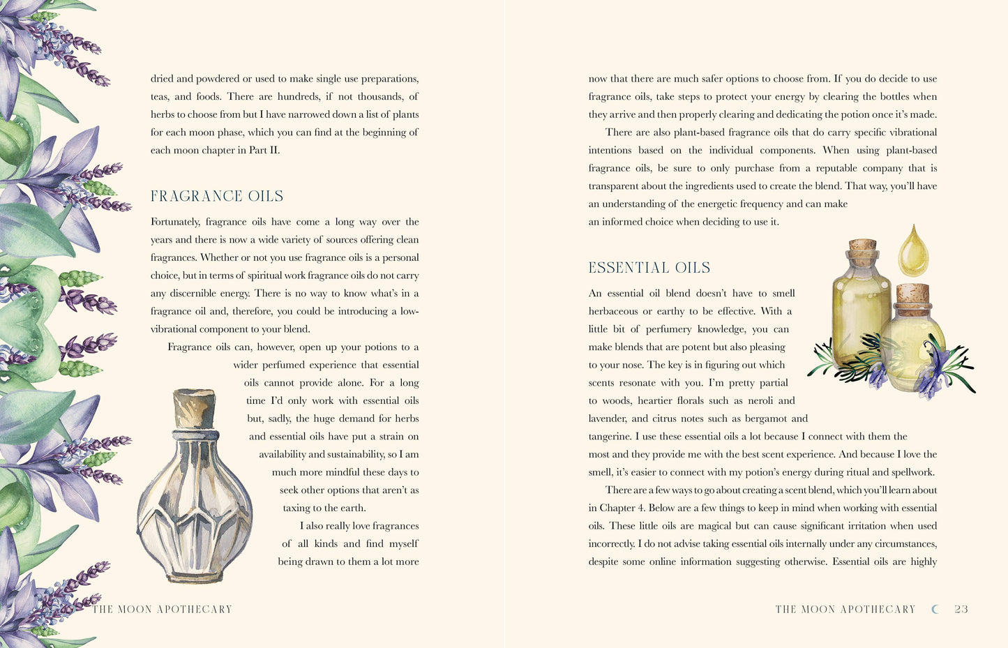 Page from a book about fragrance and essential oils with illustrations and text.