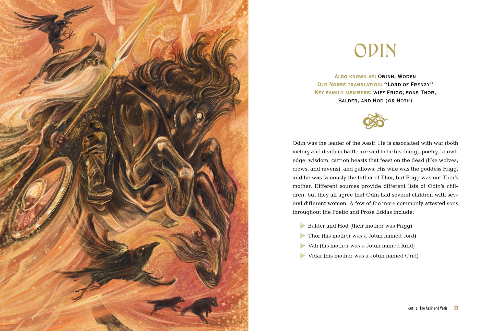 Illustration of a large creature with crows on an orange background, accompanied by text on the right side.