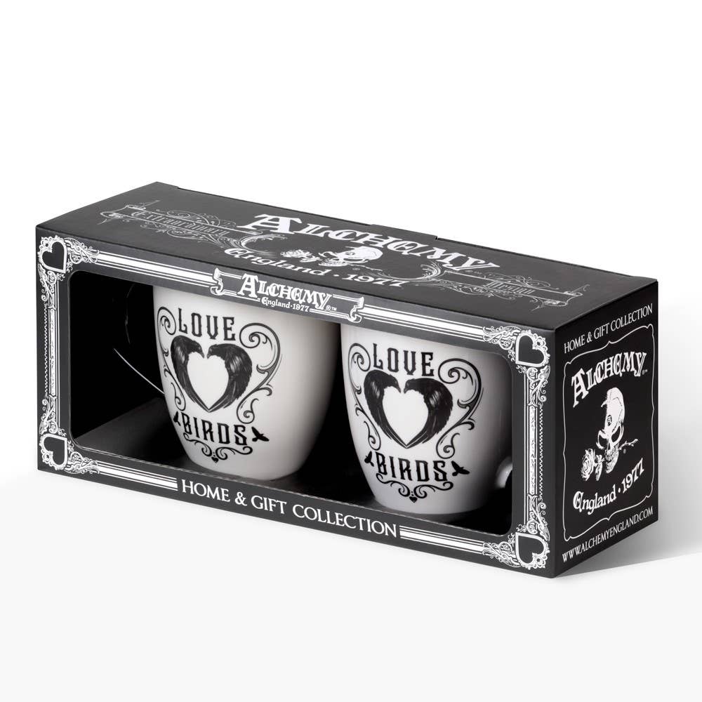 Two mugs with 'Love Birds' design in a black box labeled 'Alchemy'.