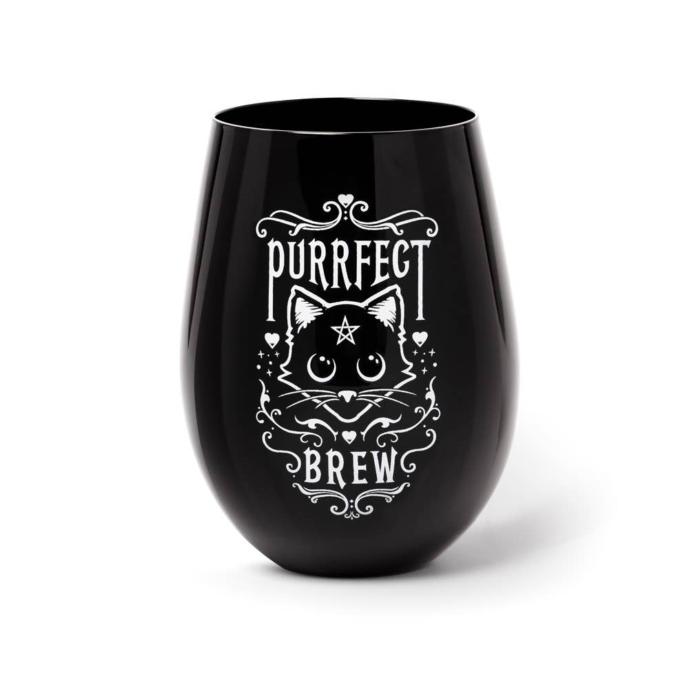Black stemless wine glass with a cat design and 'Purrfect Brew' text on a white background