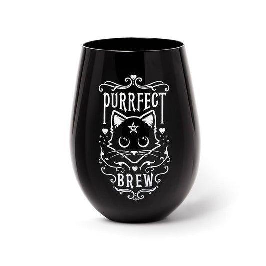 Black stemless wine glass with a cat design and 'Purrfect Brew' text on a white background