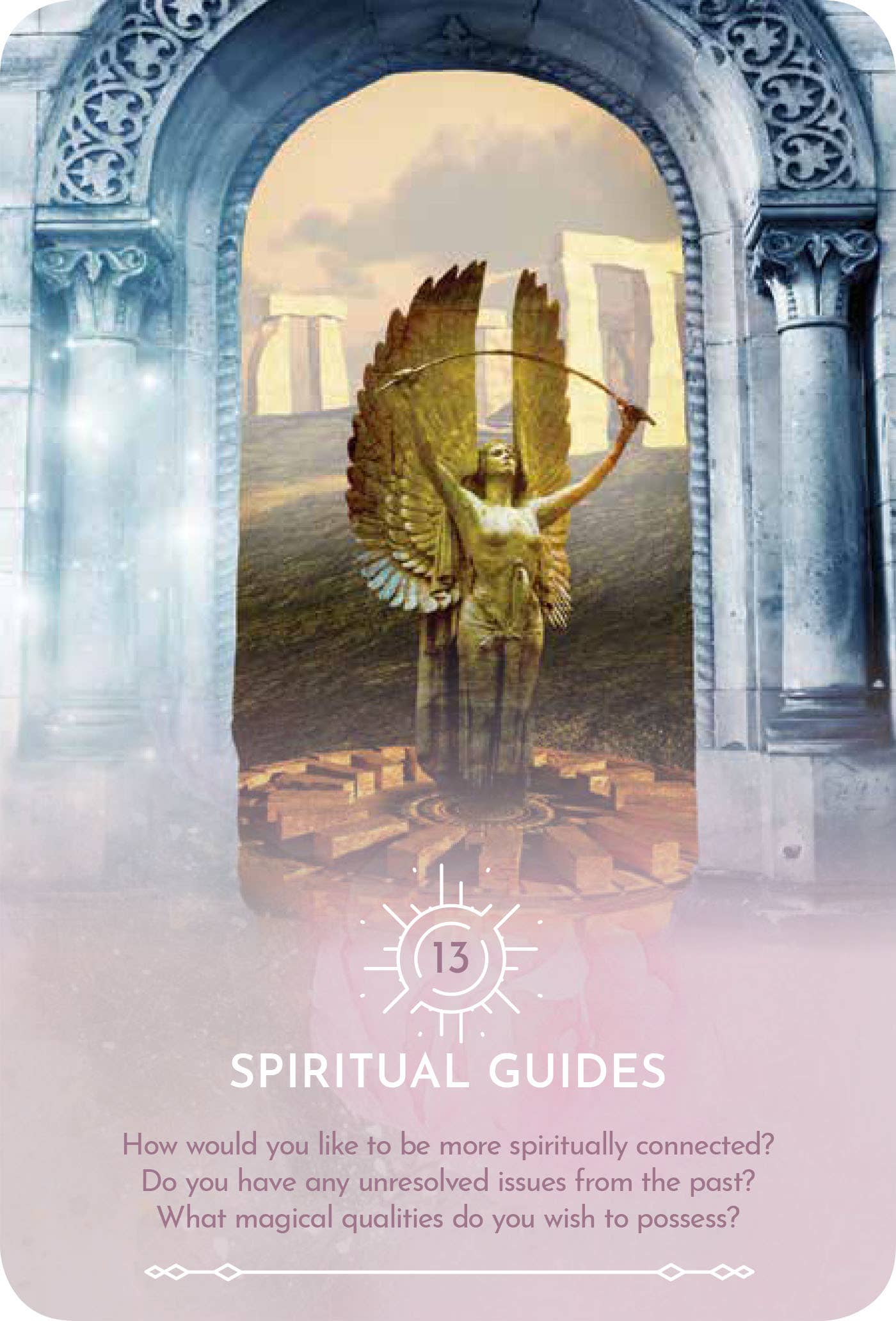 Statue of an angel with outstretched wings inside a decorative archway, with text about spiritual guidance.