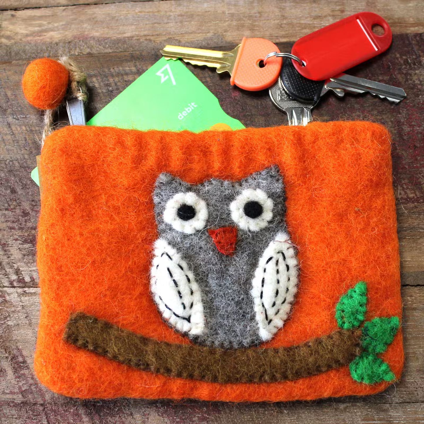 Natural Felt Zipper Pouch - Owl
