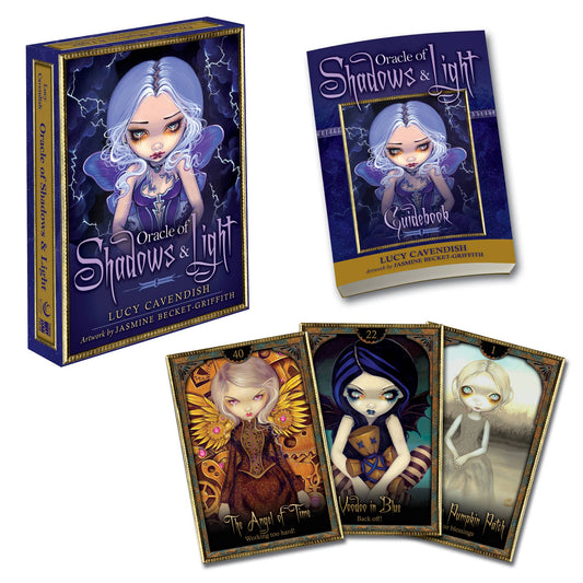 Oracle of Shadows & Light book and card set with illustrated characters on a white background