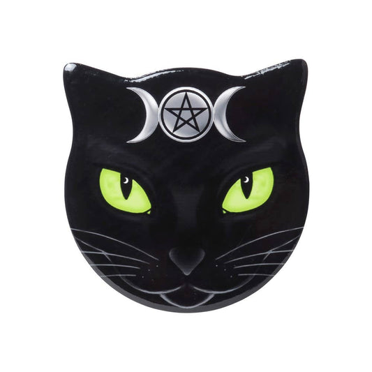 Triple moon black cat-shaped coaster with green eyes and a pentacle symbol on a white background