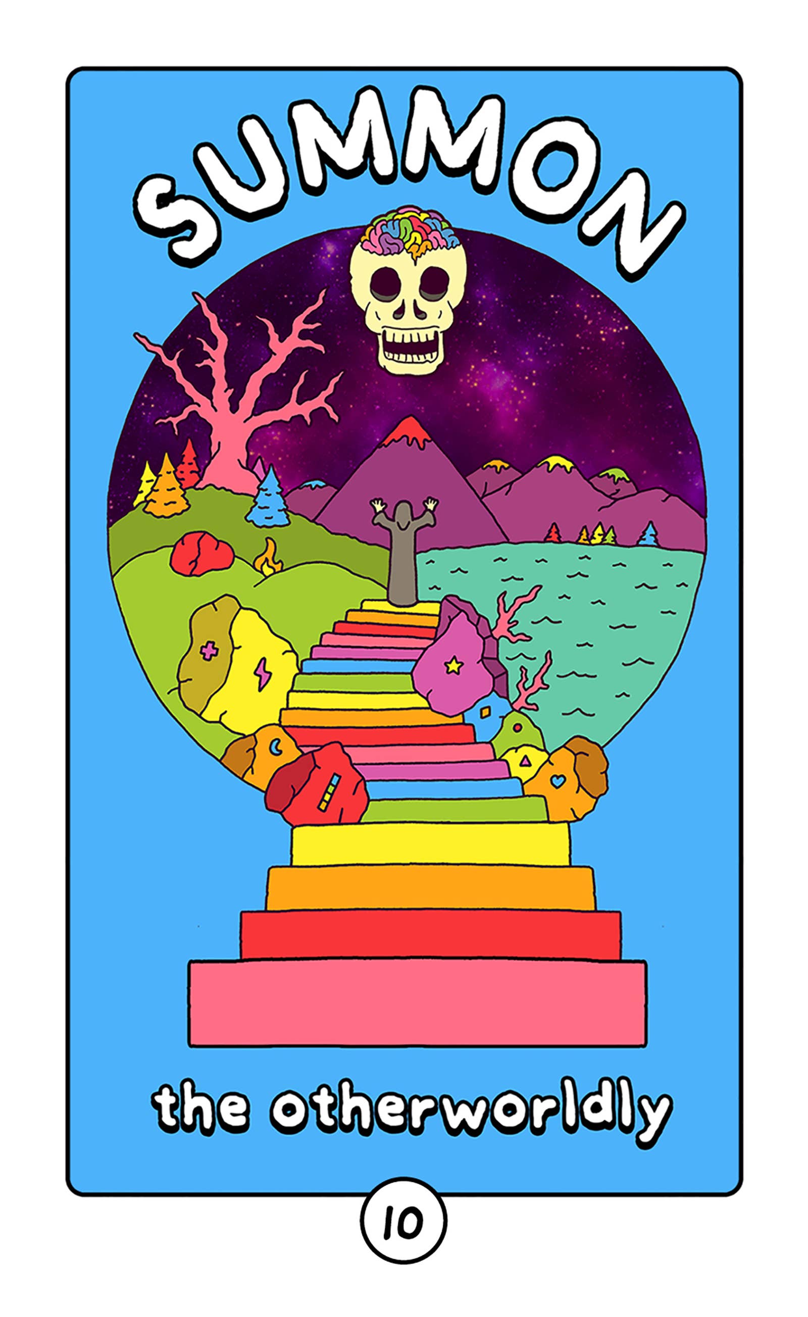 Colorful card with a skull, staircase, and landscape, labeled 'Summon the Otherworldly'.