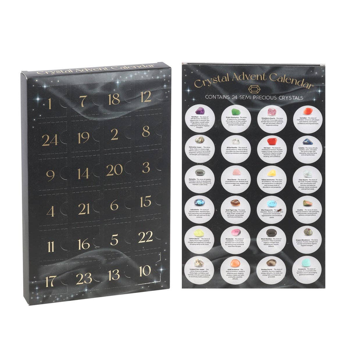 Crystal Advent Calendar packaging with numbered days and crystal illustrations.