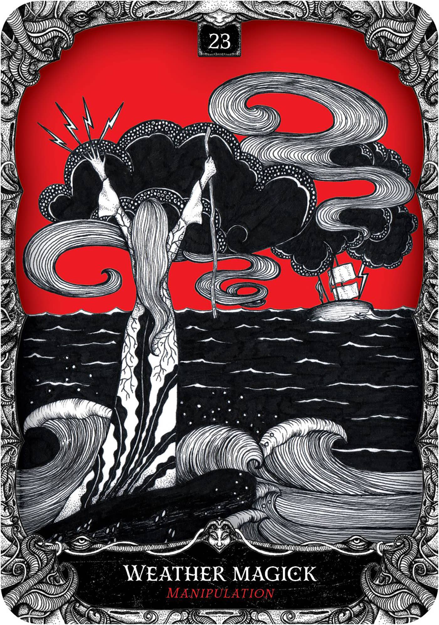 Tarot card with a black and white illustration of a person casting a spell over a red sky and ocean.
