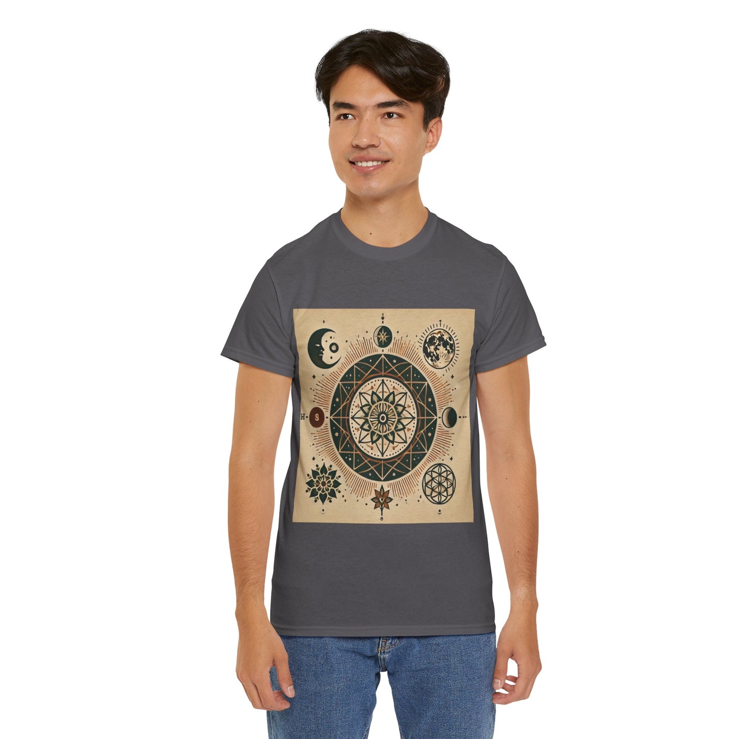 Cosmic Mandala Unisex Heavy Cotton Tee - Spiritual Design for Astrologers & Nature Lovers