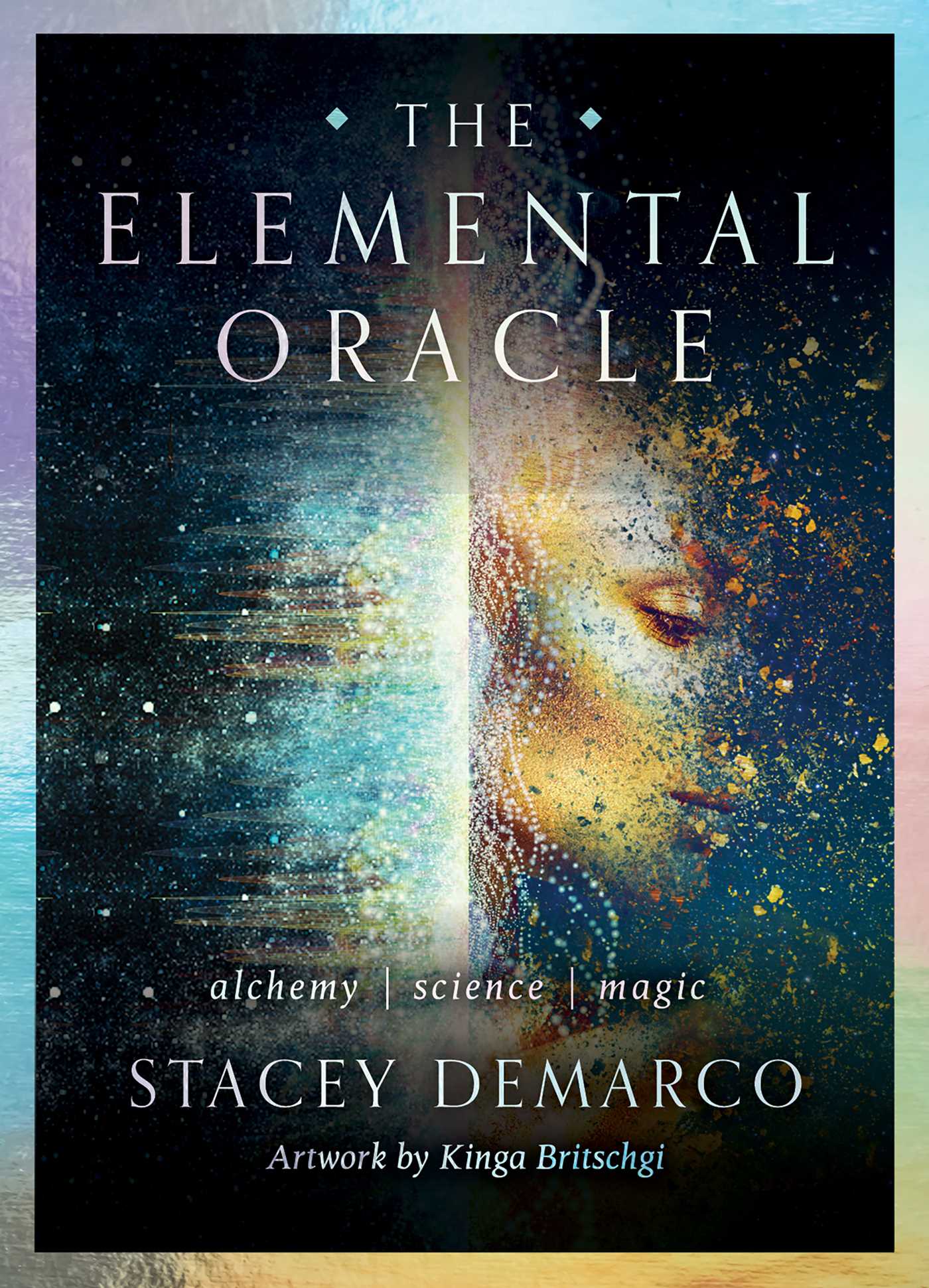 Box cover of 'The Elemental Oracle' with a stylized face and celestial design.