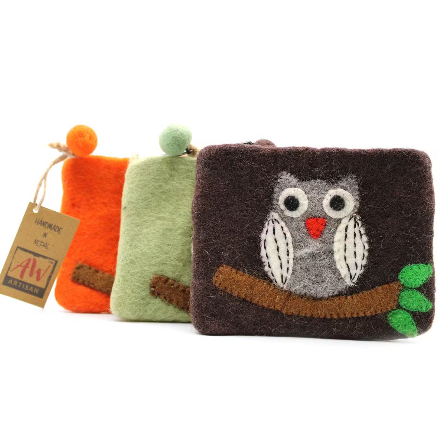 Natural Felt Zipper Pouch - Owl