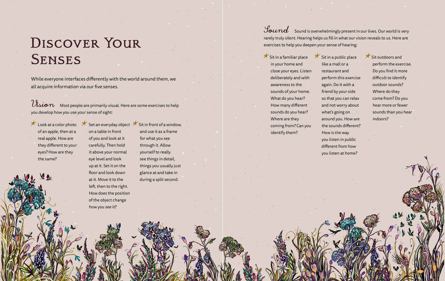 Educational material on 'Discover Your Senses' with floral design at the bottom