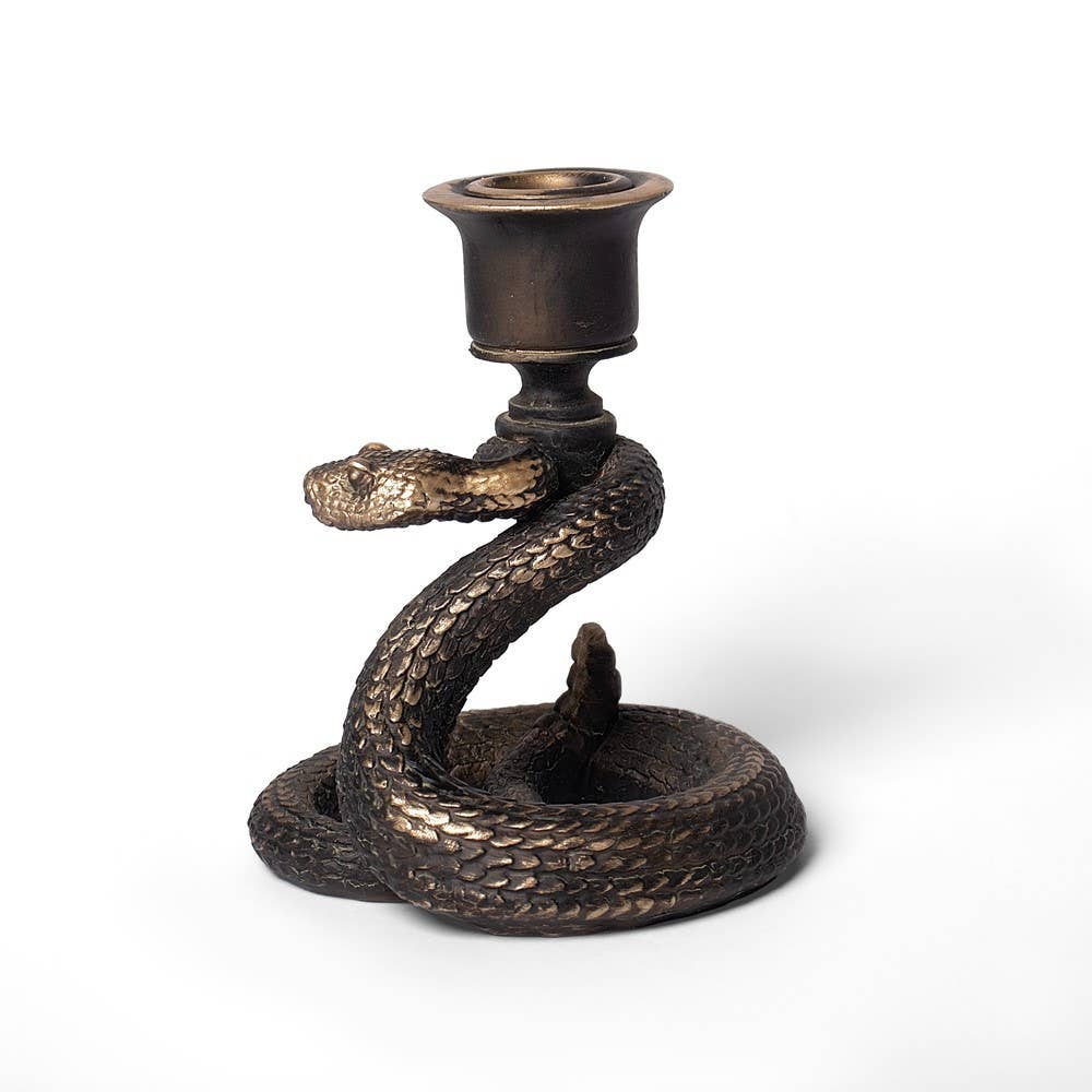 Bronze snake-shaped candle holder on a white background