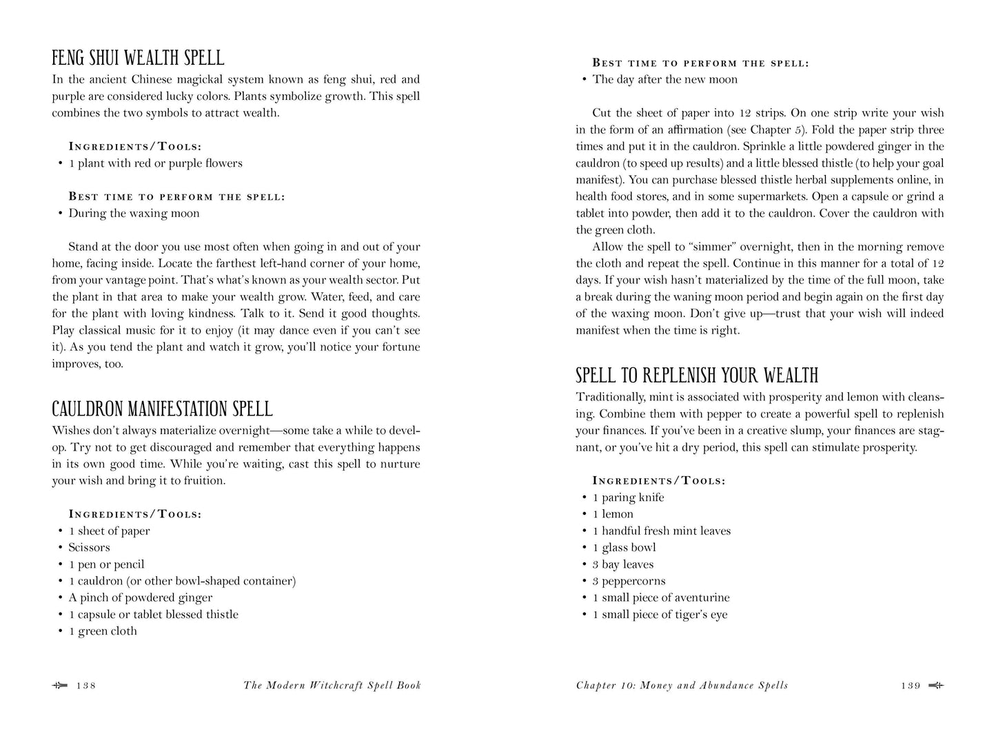 Page from a book about witchcraft spells, specifically focusing on feng shui wealth spells.