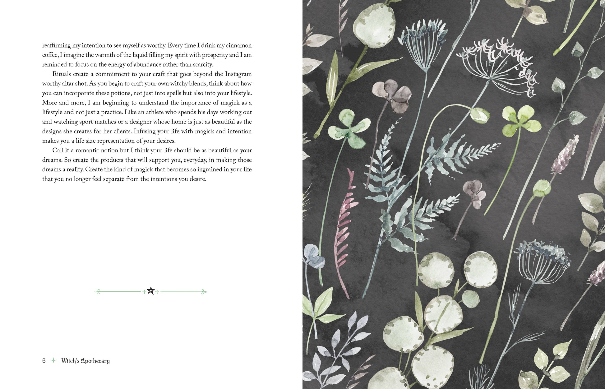 Page from a book with text and illustrations of plants on a dark background