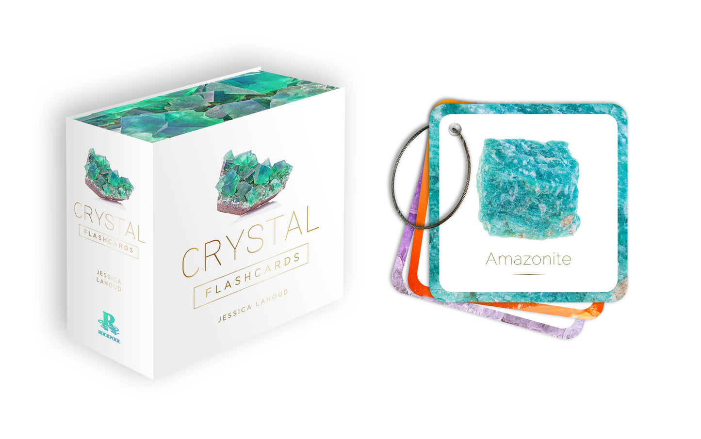 Crystal collection packaging with Amazonite crystals and cards on a white background
