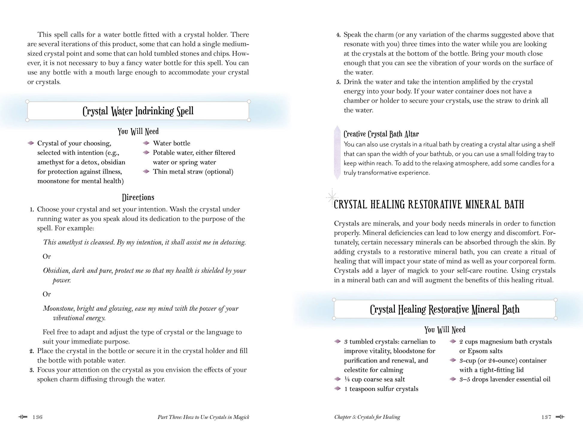 Magical spellbook page with crystal healing and water rituals.