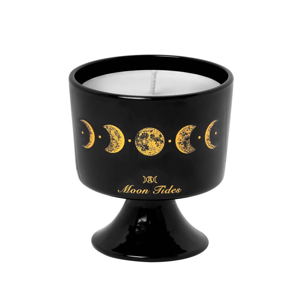 Black candle holder with gold moon phases and 'Moon Tides' text on a white background