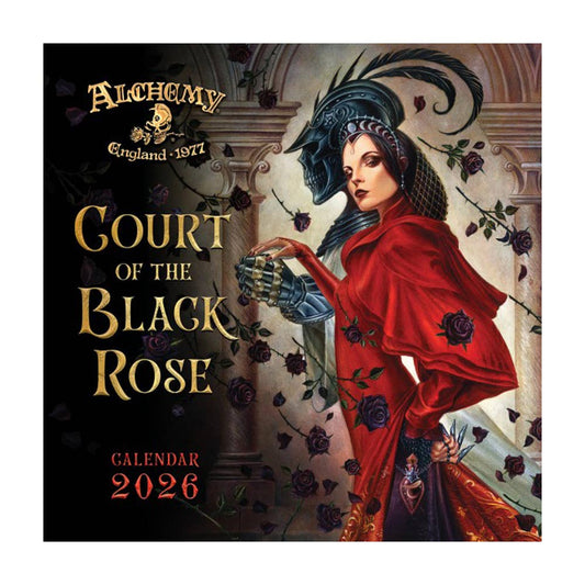 Calendar cover for 'Court of the Black Rose' featuring a woman in a red dress with a dragon head, Alchemy England logo, and text.