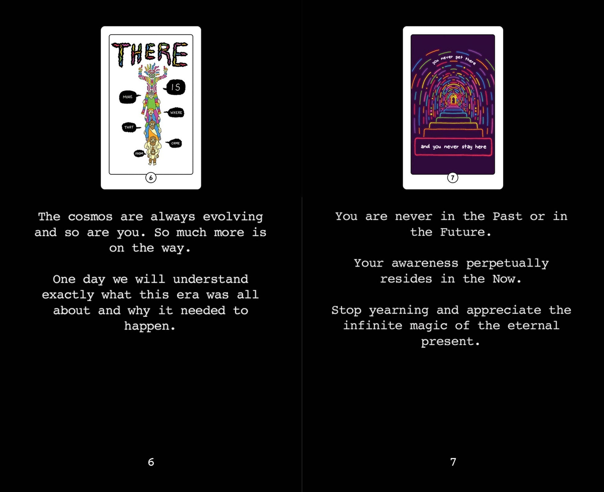 Two cards with text and graphics on a black background