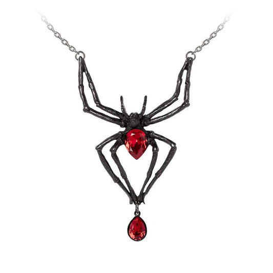 Black spider-shaped necklace with red gemstones on a white background