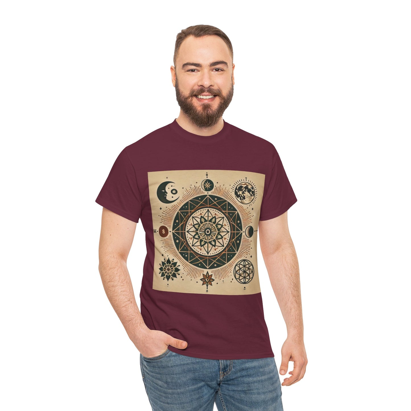 Cosmic Mandala Unisex Heavy Cotton Tee - Spiritual Design for Astrologers & Nature Lovers