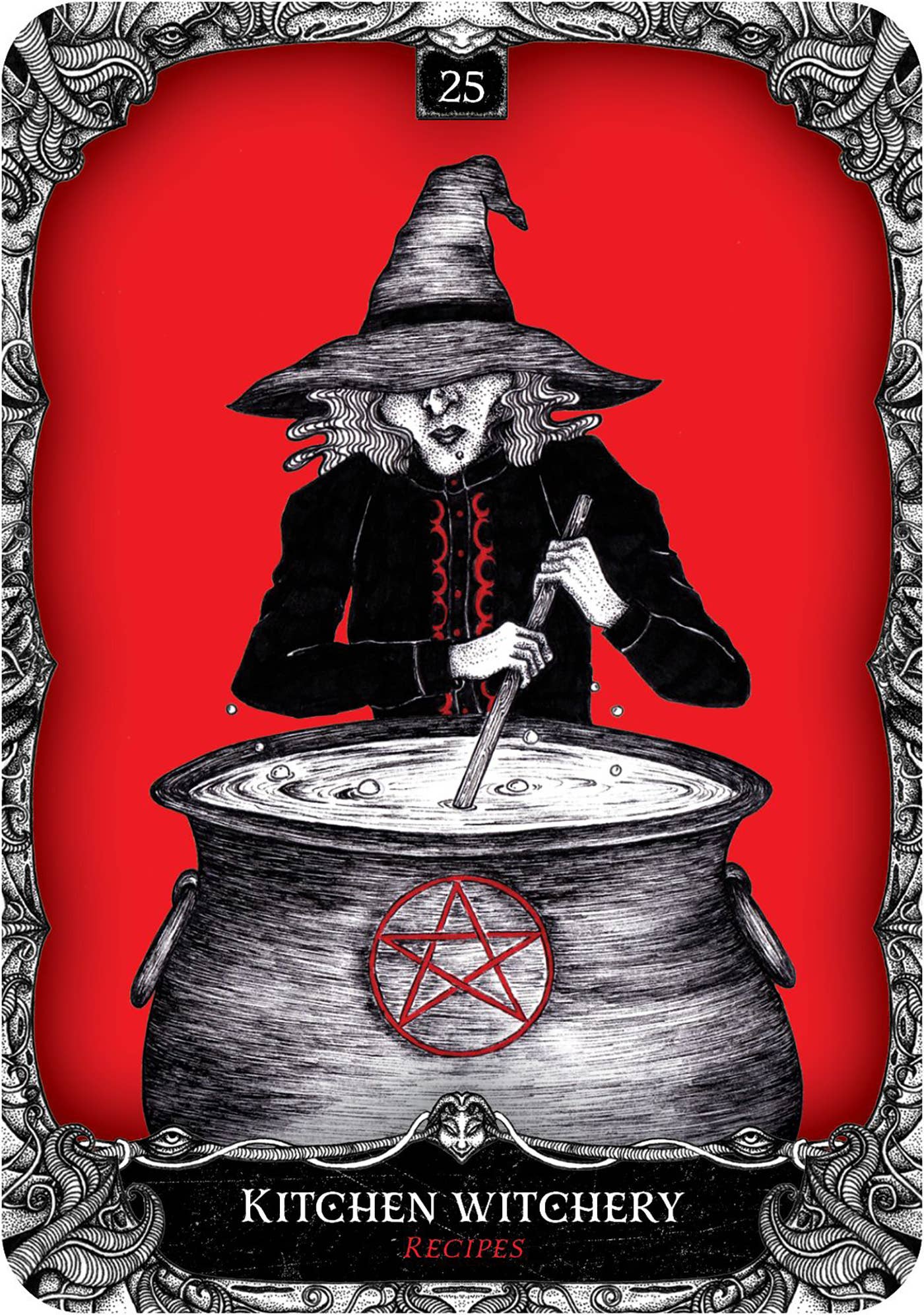 Illustration of a witch stirring a pot with a pentagram symbol on a red background, titled 'Kitchen Witchery'.