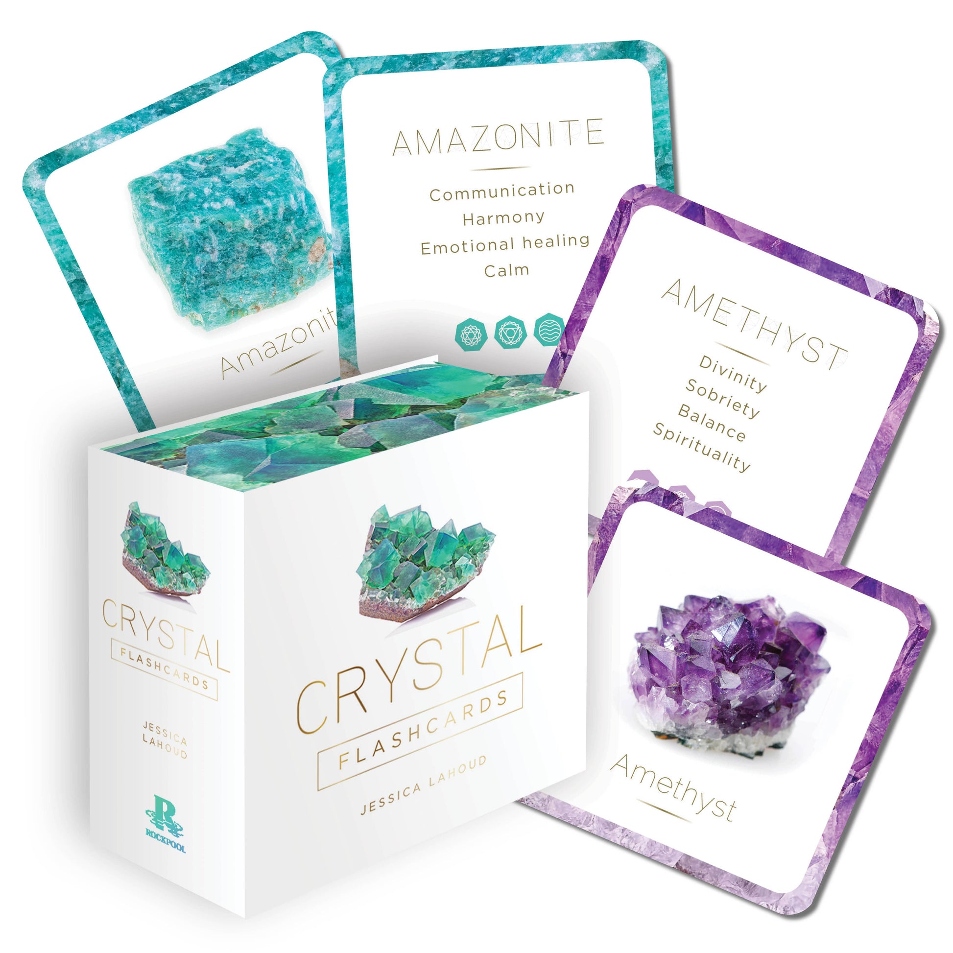 Crystal flashcards with Amazonite and Amethyst images and names on a white background