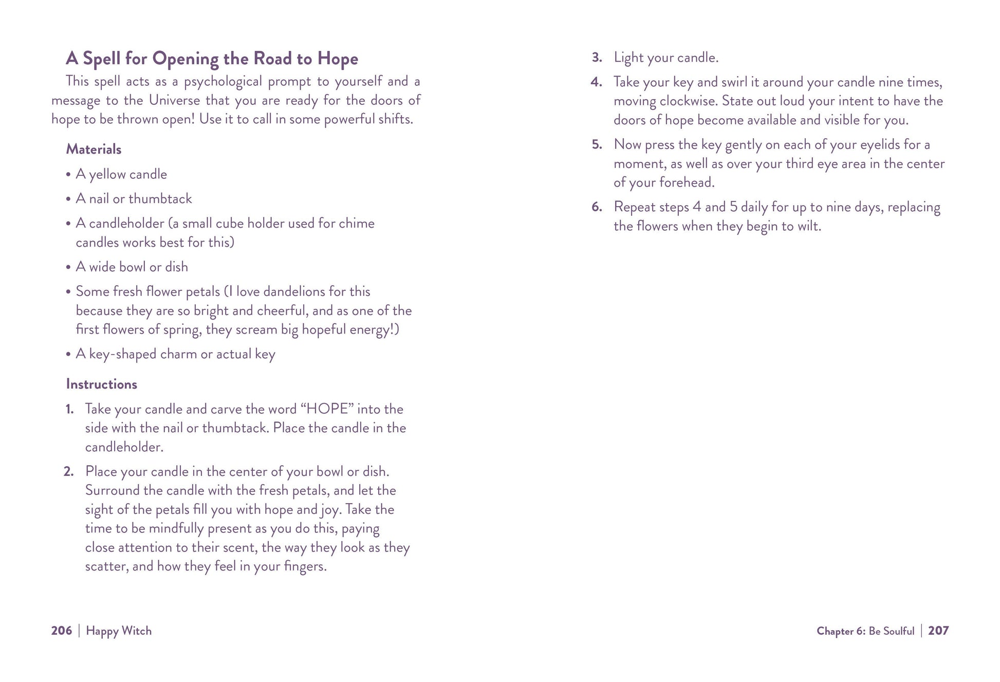 Page from a book or guide on casting a spell for opening the road to hope, with text and numbered steps.