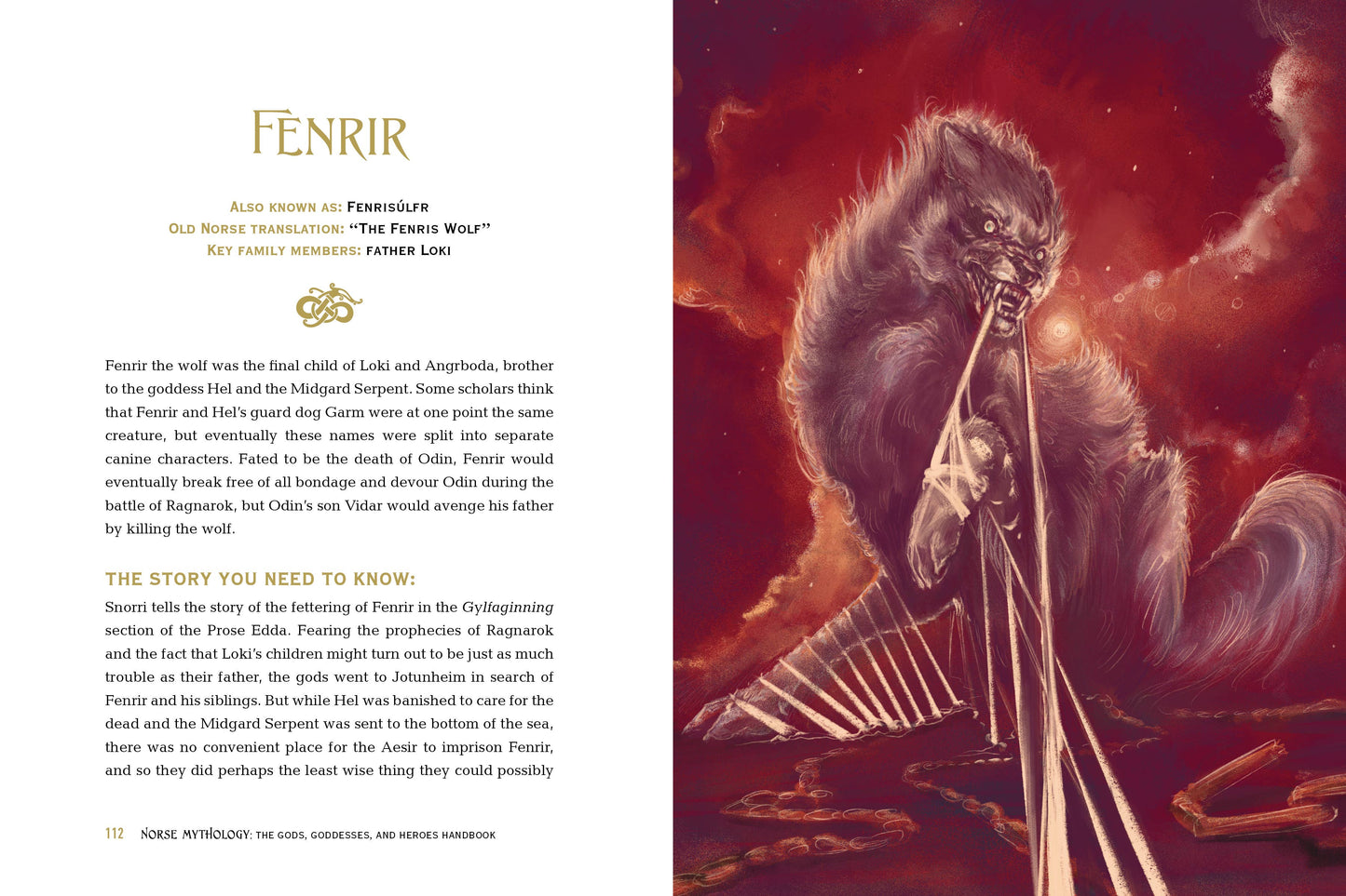 Illustration of Fenrir, a large wolf-like creature, with text on the left side.