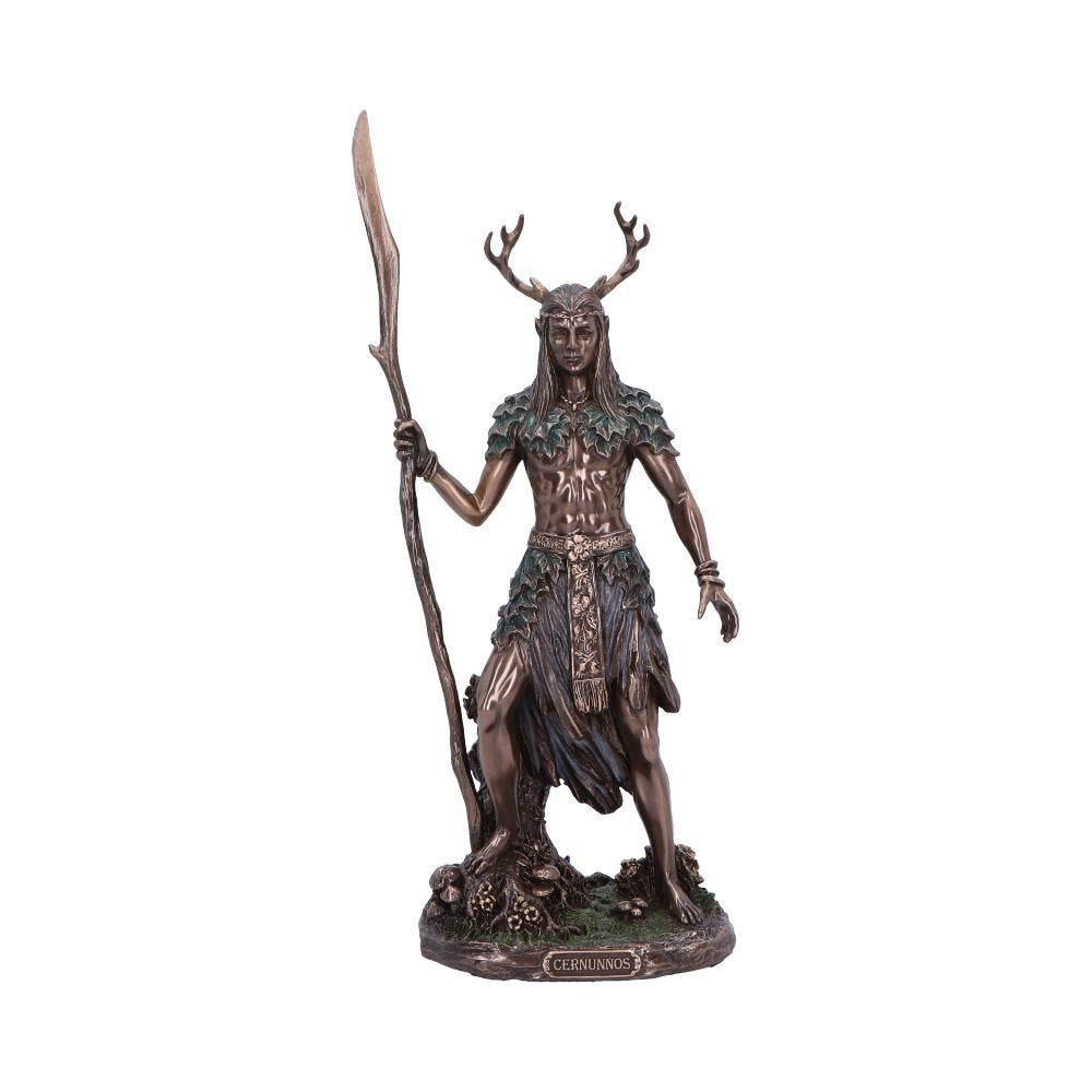 Bronze statue of Cernunnos The Horned God, a figure with antlers holding a spear on a white background