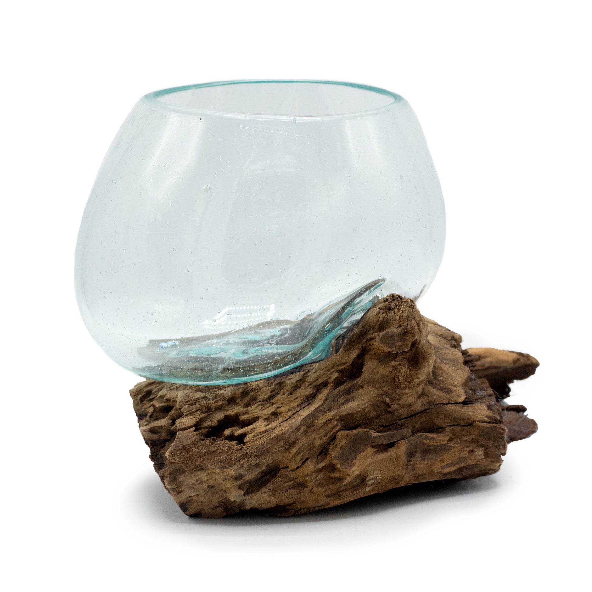 Clear glass bowl on a piece of driftwood against a white background
