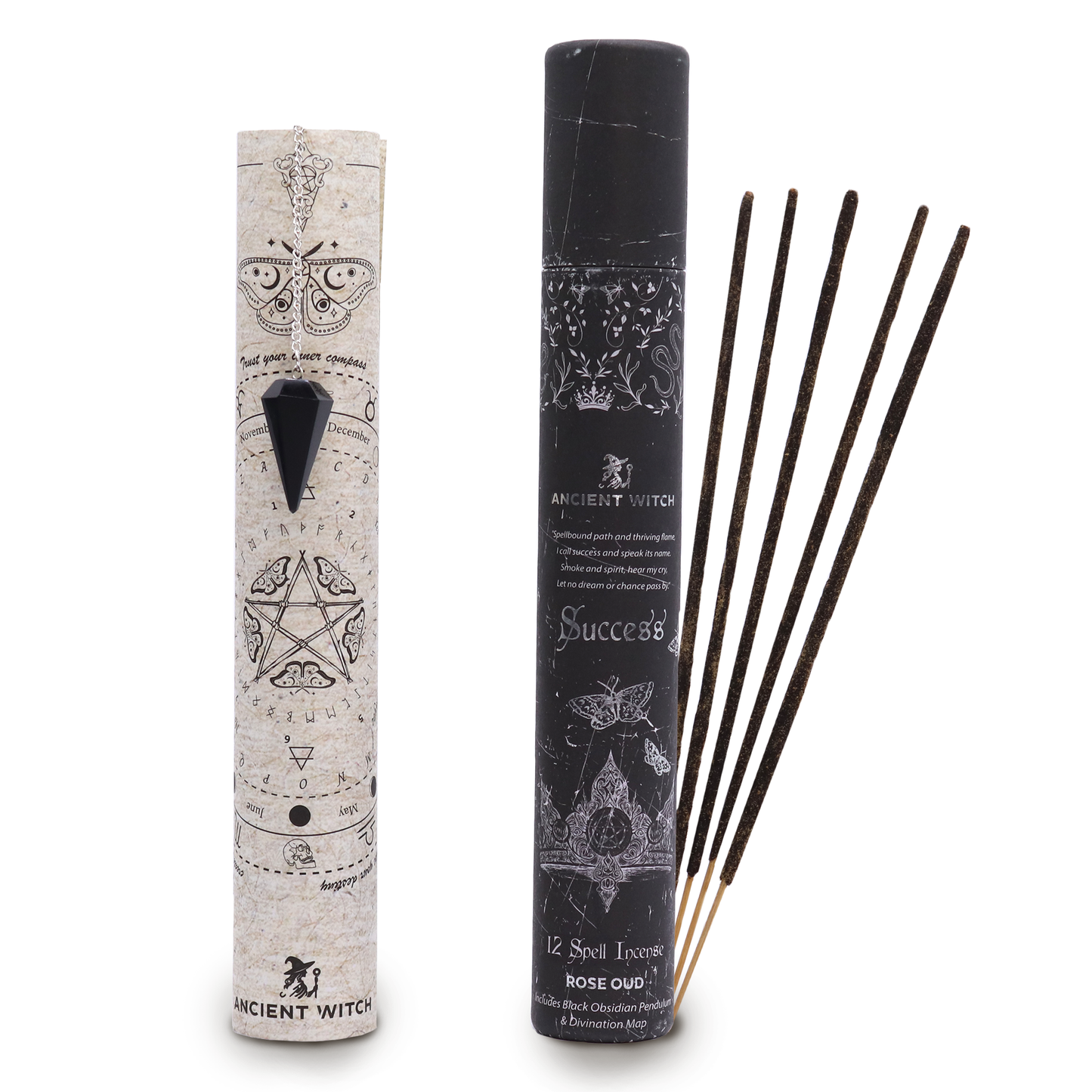 Success spell incense with black obsidian pendulum displayed in black and white gift boxes with Ancient Witch design