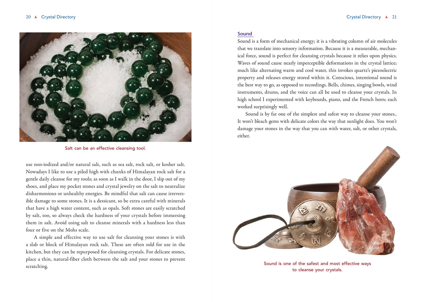 Page from a book or magazine featuring a crystal necklace, salt, and a crystal bowl with text on a white background.